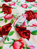 Floral Rose Plissé Stretch Printed Cotton Shirting - White / Red / Pink / Green