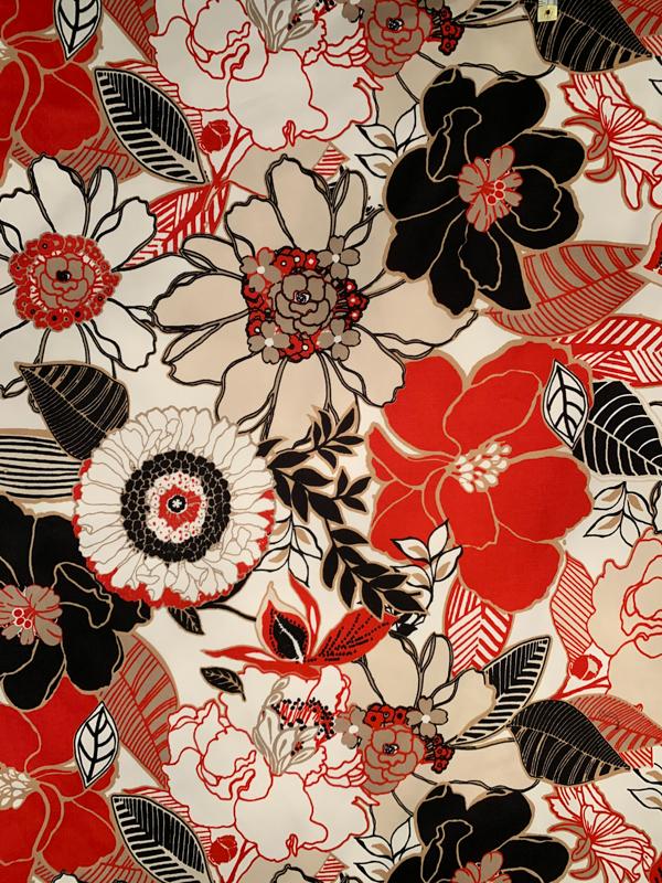 Italian Bold Flowers and Leaves Printed Stretch Cotton Sateen - Red / Black  / Beige / White - Fabric by the Yard