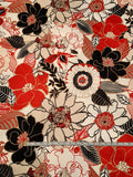 Italian Bold Flowers and Leaves Printed Stretch Cotton Sateen - Red / Black / Beige / White