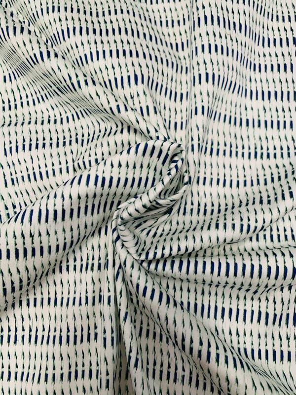 Broken Striped Printed Stretch Cotton Sateen - Off-White/Navy/Green
