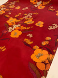 Oriental Floral Printed Silk Fuji - Crimson Red / Orange / Pink