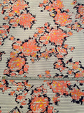 Floral on Stripes Heavy Printed Silk Habotai - Coral / Navy / Yellow / Grey / White