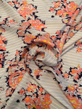 Floral on Stripes Heavy Printed Silk Habotai - Coral / Navy / Yellow / Grey / White