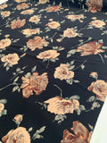 Romantic Floral Printed Silk Crepe de Chine - Black / Tan / Dusty Teal