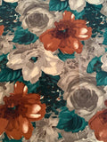 Italian Painterly Large Floral Printed Silk Crepe de Chine - Spruce Green / Clay / Cinnamon