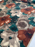 Italian Painterly Large Floral Printed Silk Crepe de Chine - Spruce Green / Clay / Cinnamon