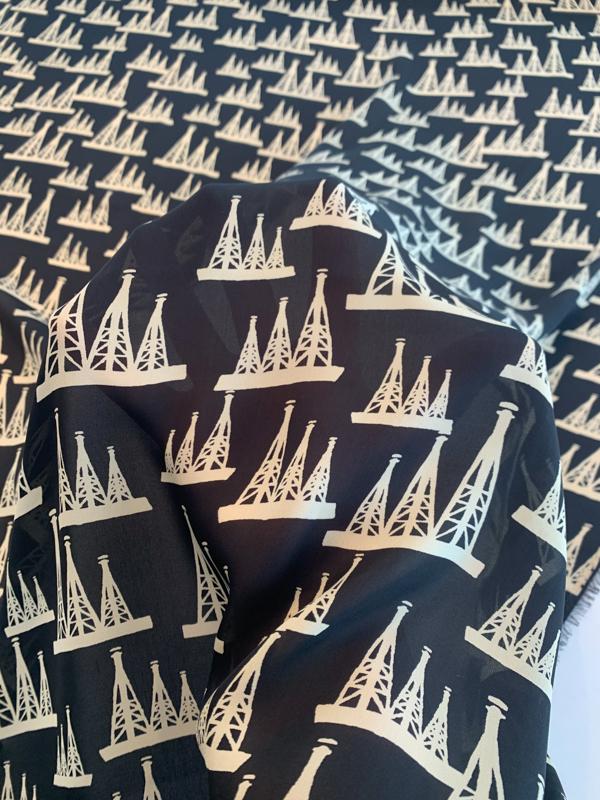 Oil Rigs Graphic Printed Silk Georgette - Black/Beige | FABRICS ...