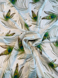 Peacock Feathers Printed Silk Charmeuse - Green / Brown / White