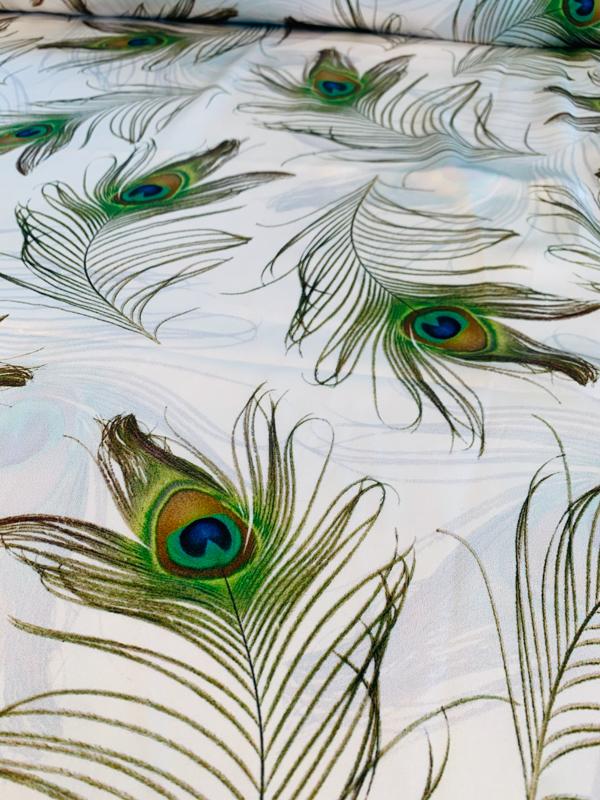 Peacock Feathers Printed Silk Charmeuse - Green/Brown/White