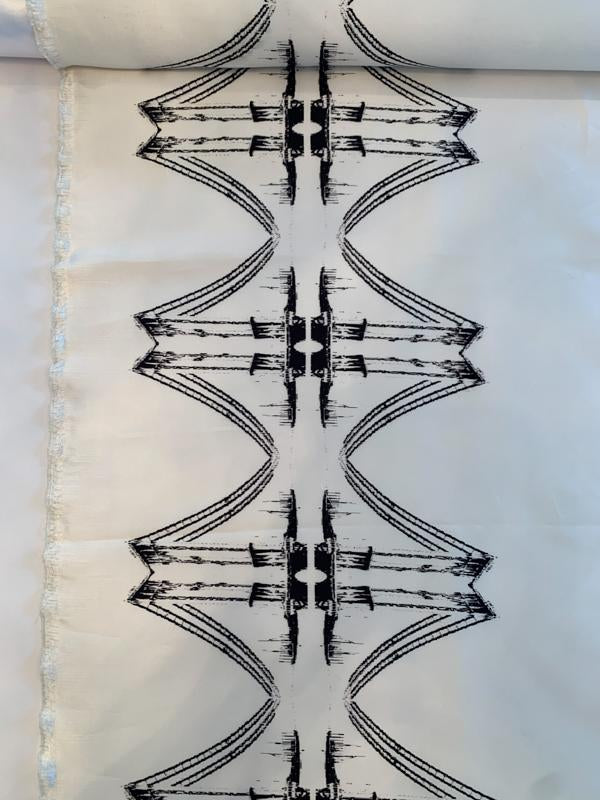 Reflective Bridges Printed Silk Mikado - Ivory / Black