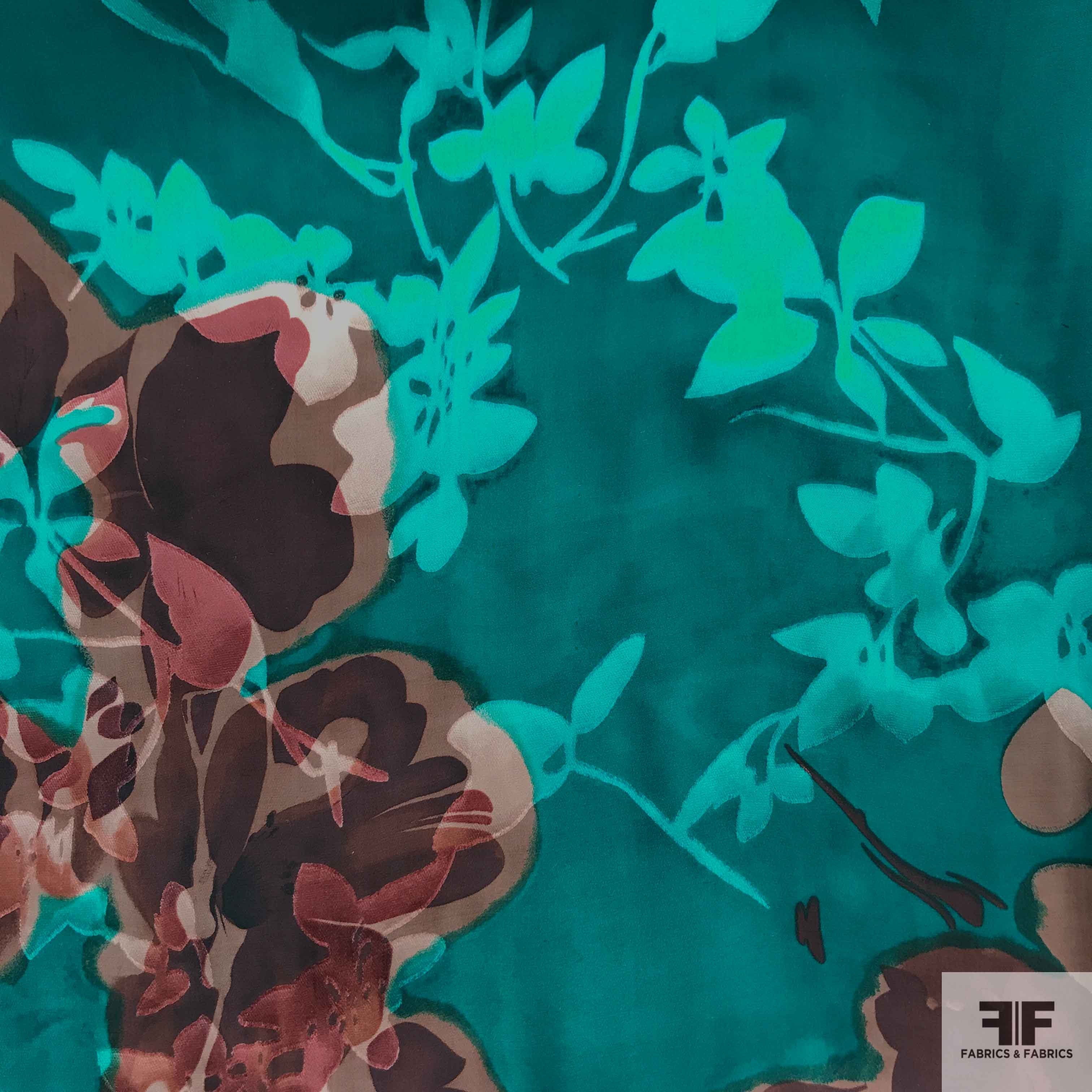 Floral Burnout Chiffon - Blue/Brown - Fabrics & Fabrics NY