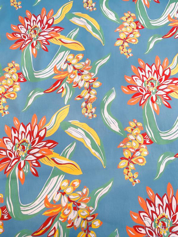Tropical Floral Printed Stretch Cotton Sateen - Blue/Green/Red