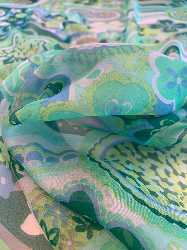 Playful Groovy Hearts and Flowers Printed Silk Chiffon - Green / Mint / Blue