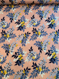 Leaf Bouquet Printed Silk Habotai - Peachy Pink / Dusty Blue / Navy / Yellow
