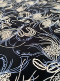 Delicate Hearts in Floral with French Script Printed Silk Crepe de Chine - Black / White / Blue