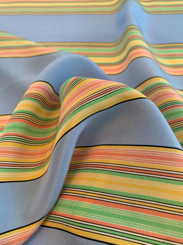 Horizontal Multi Striped Printed Silk Crepe de Chine - Multicolor
