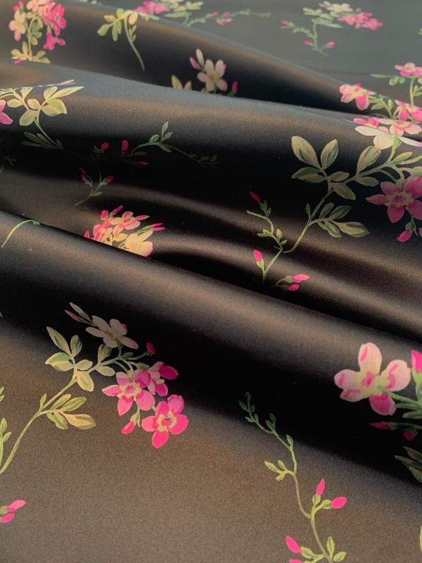 Feminine Floral Printed Silk Satin - Black / Magenta / Green