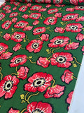 Vibrant Floral Printed Silk Gauze - Green / Strawberry Red / Yellow
