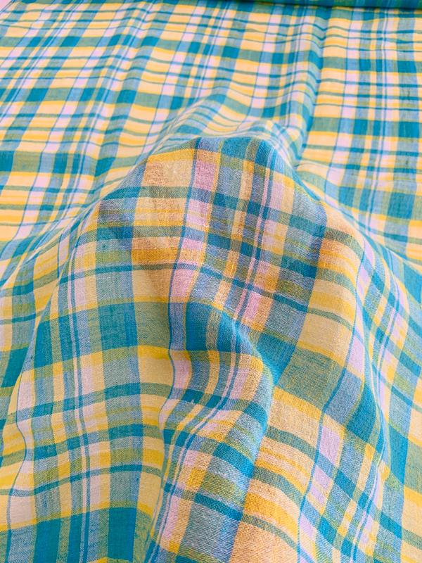 Plaid Yarn-Dyed Cotton Gauze - Turquoise / Yellow / White