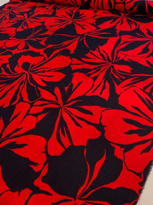 Bold Floral Printed Cotton Linen - Red / Navy