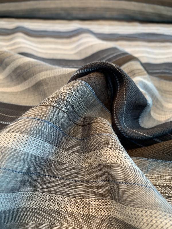 Italian Horizontal Striped Rayon Linen Suiting - Grey / Navy / Tobacco / White