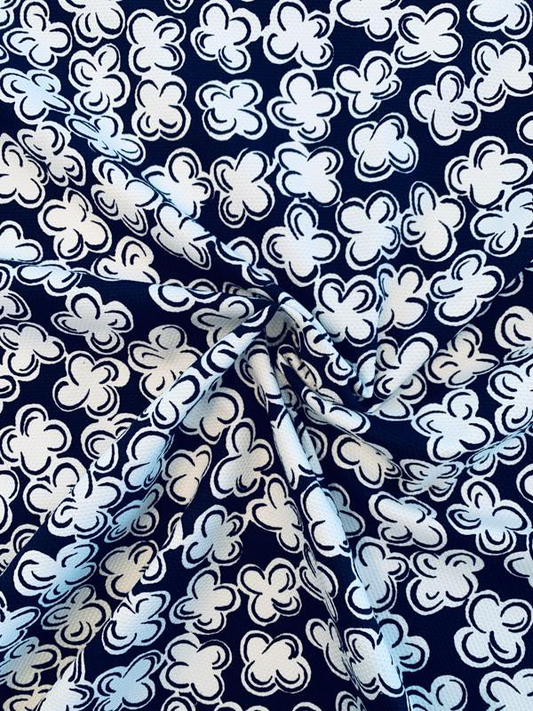 Playful Floral Printed Cotton Pique - Navy / White