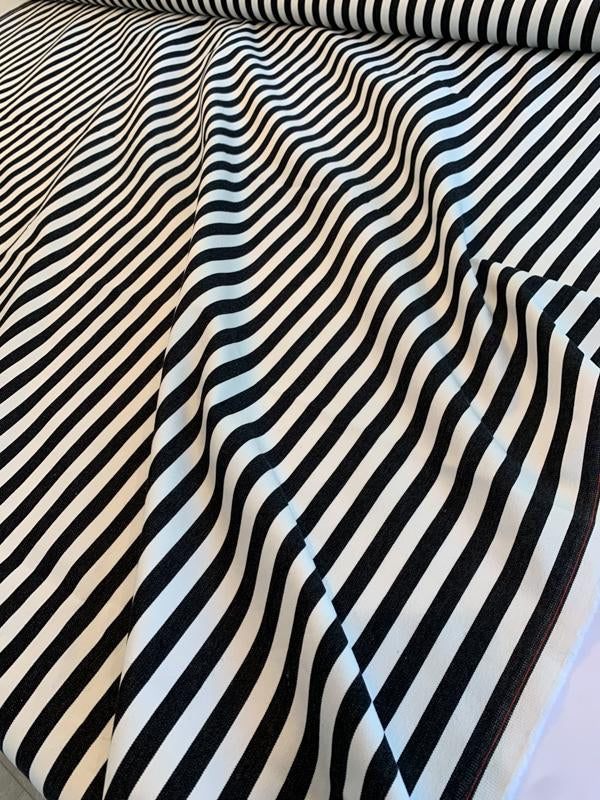 Vertical Striped Stretch Cotton Denim - Black / White