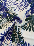Large Tropical Leaf Printed Stretch Cotton Pique - Spruce Green / Royal Blue / White