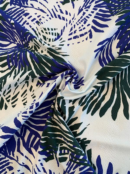 Large Tropical Leaf Printed Stretch Cotton Pique - Spruce Green/Royal ...