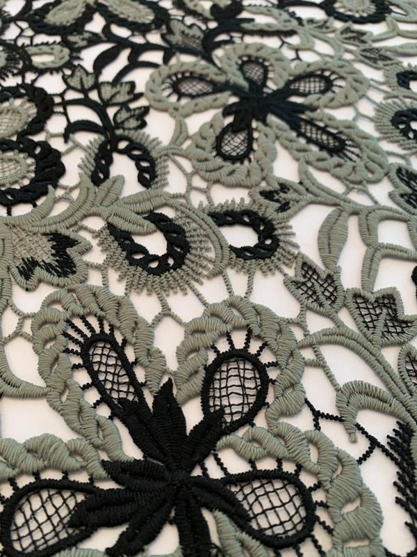 Double-Scalloped Floral Guipure Lace - Black/Light Olive Green