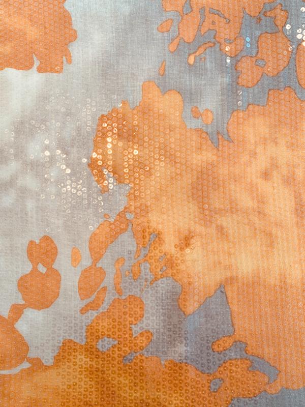 Clear Sequins on Abstract Painterly Printed Silk Chiffon - Orange / Light Brown