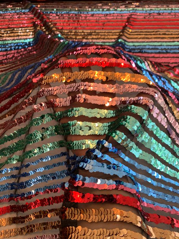 Rainbow Horizontal Striped Sequins on Tulle - Multicolor