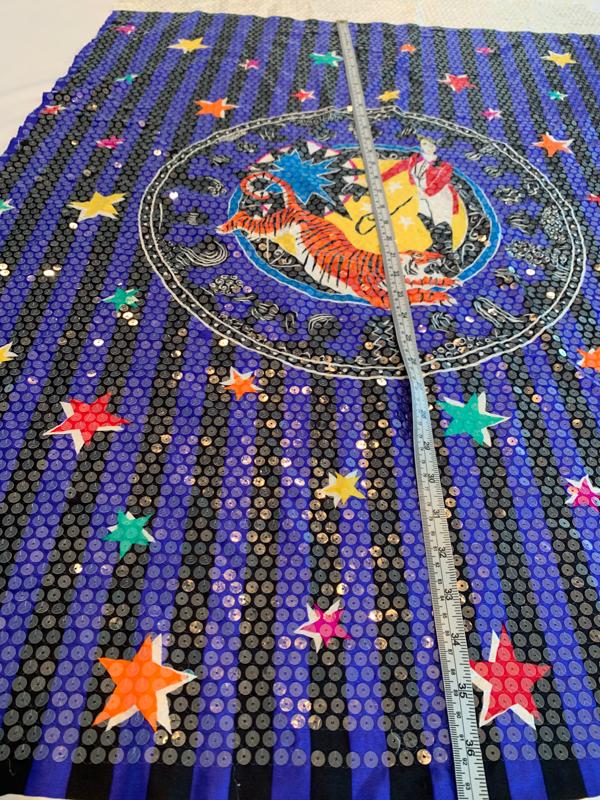 Circus Act Illustration made of Sequins on Silk Charmeuse Panel - Blue / Black / Multicolor