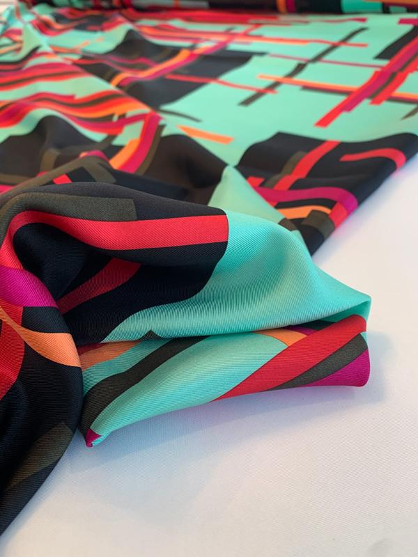 Art Deco Geometric Printed Fine Silk Twill - Light Seafoam / Black / Magenta / Orange