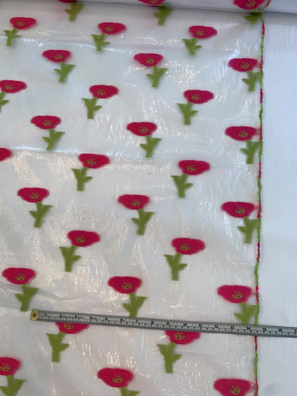 Italian Floral Sheer Fil Coupé Nylon Organza Novelty - Clear / Pink / Lime Green