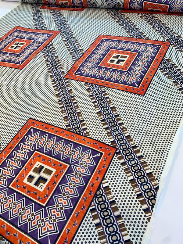 Designer-Look Multi Pattern Printed Fine Silk Twill - Orange / Purple / Ivory / Navy