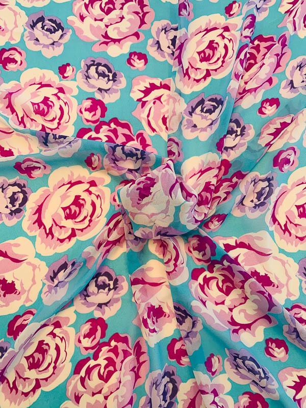 Floral Printed Silk Chiffon - Blue / Magenta / Purple