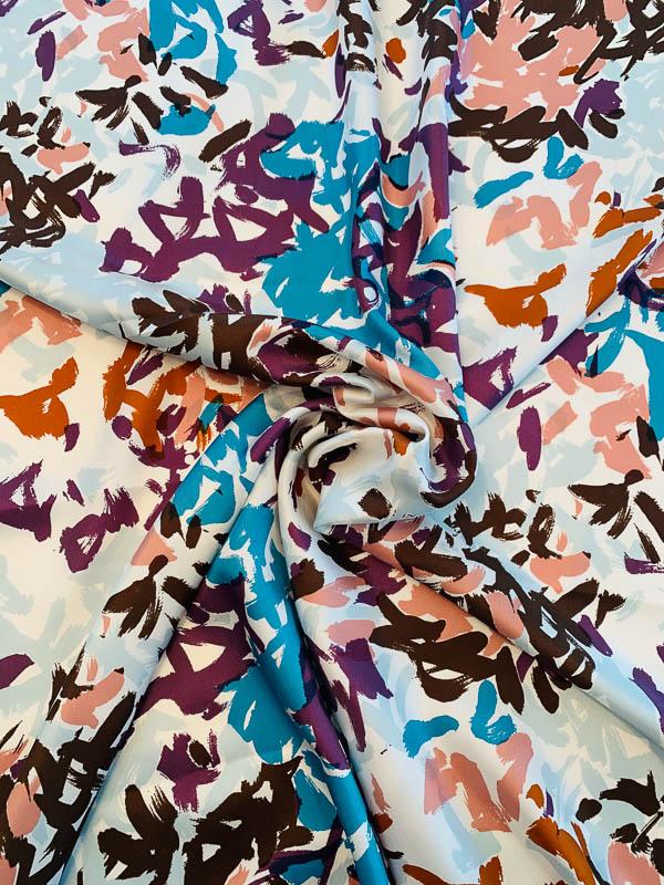 Painterly Brushstroke Printed Silk Twill - Teal / Brown / Plum Purple / Cream
