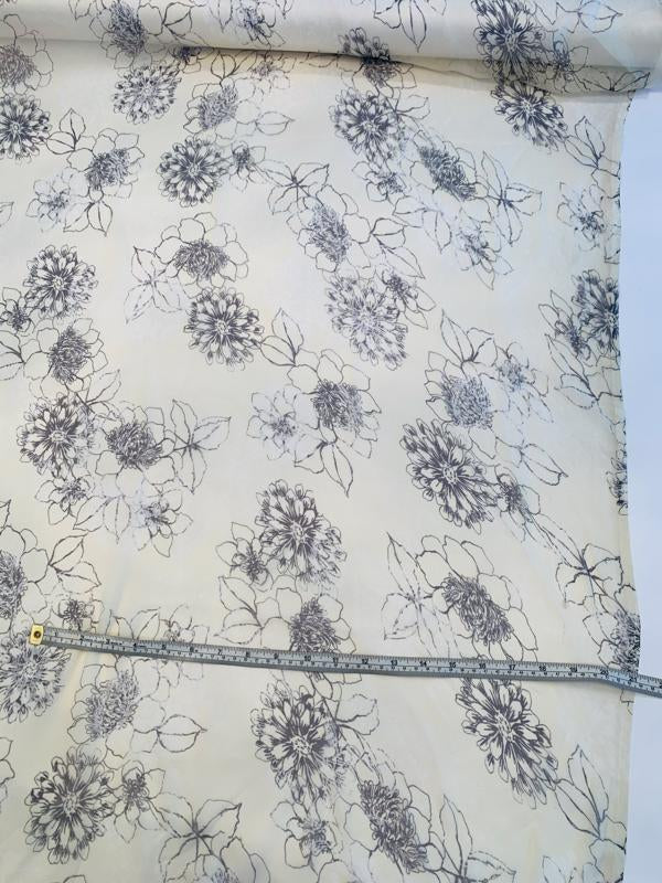 Floral Sketch Printed Crinkled Silk Chiffon - Cream / Grey