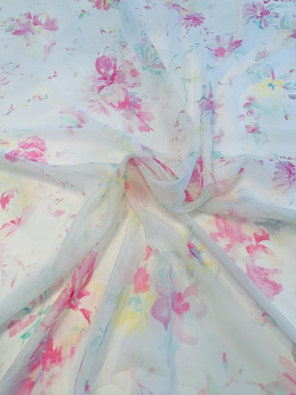 Italian Delicate Floral Printed Silk Chiffon - Pink / Green / Ivory