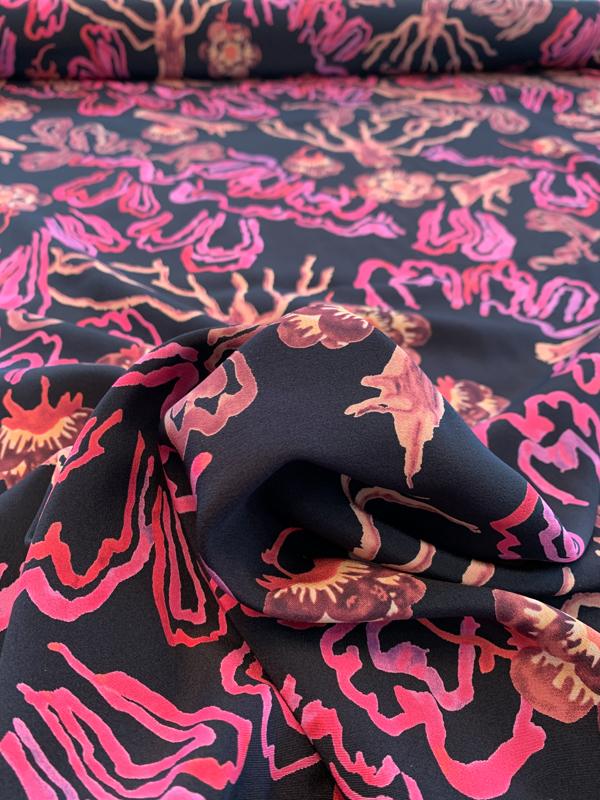 Abstract Printed Silk Crepe de Chine - Black / Pink / Tan / Dusty Rose-Purple