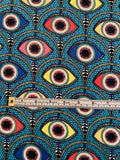 Hamsa Eye Printed Polyester Crepe de Chine - Turquoise / Blue / Multicolor