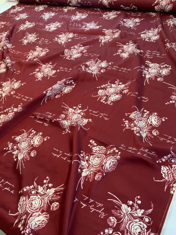 Floral Bouquets and Love Notes in French Printed Silk Habotai - Maroon / Off-White