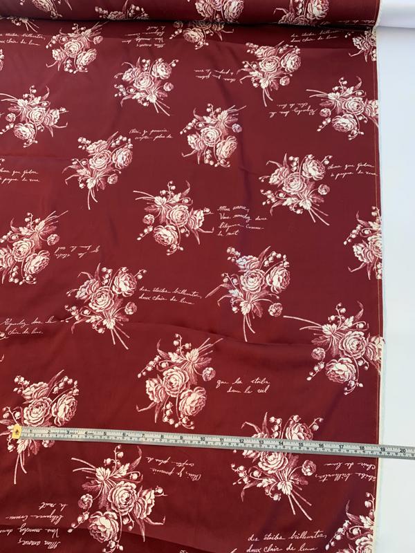 Floral Bouquets and Love Notes in French Printed Silk Habotai - Maroon / Off-White