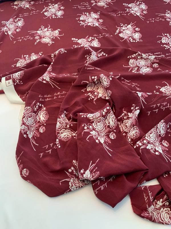 Floral Bouquets and Love Notes in French Printed Silk Crepe de Chine - Maroon / Off-White