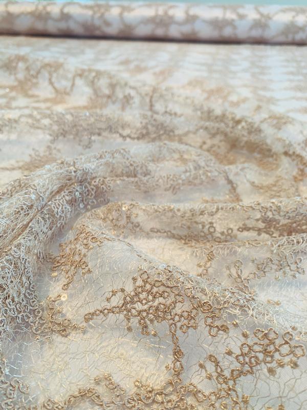 Abstract Novelty Tulle with Sequins and Soutache Cording - Light Beige