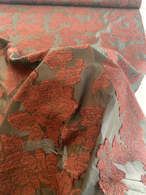 Italian Floral Pattern with Lurex Polyester Voile - Maroon / Black
