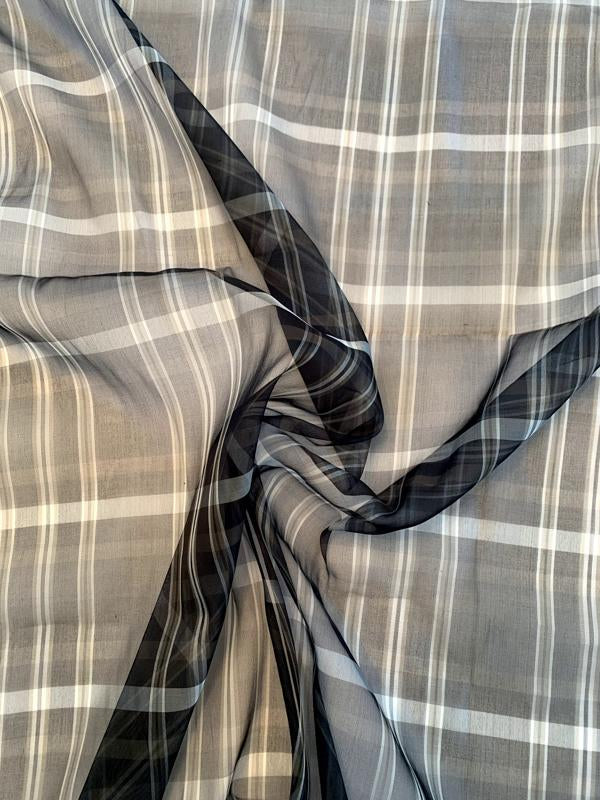 Italian Plaid Yarn-Dyed Fine Silk Organza Black/Dove Grey/Olive