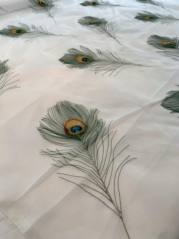 Embroidered Peacock Feathers on SUPER WIDE Silk Organza - Green / Blue / Off-White