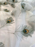 Embroidered Peacock Feathers on SUPER WIDE Silk Organza - Green / Blue / Off-White